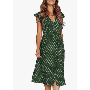 Unbranded Women's Green Polka Dot Button Down Swing Midi Dress Size Small